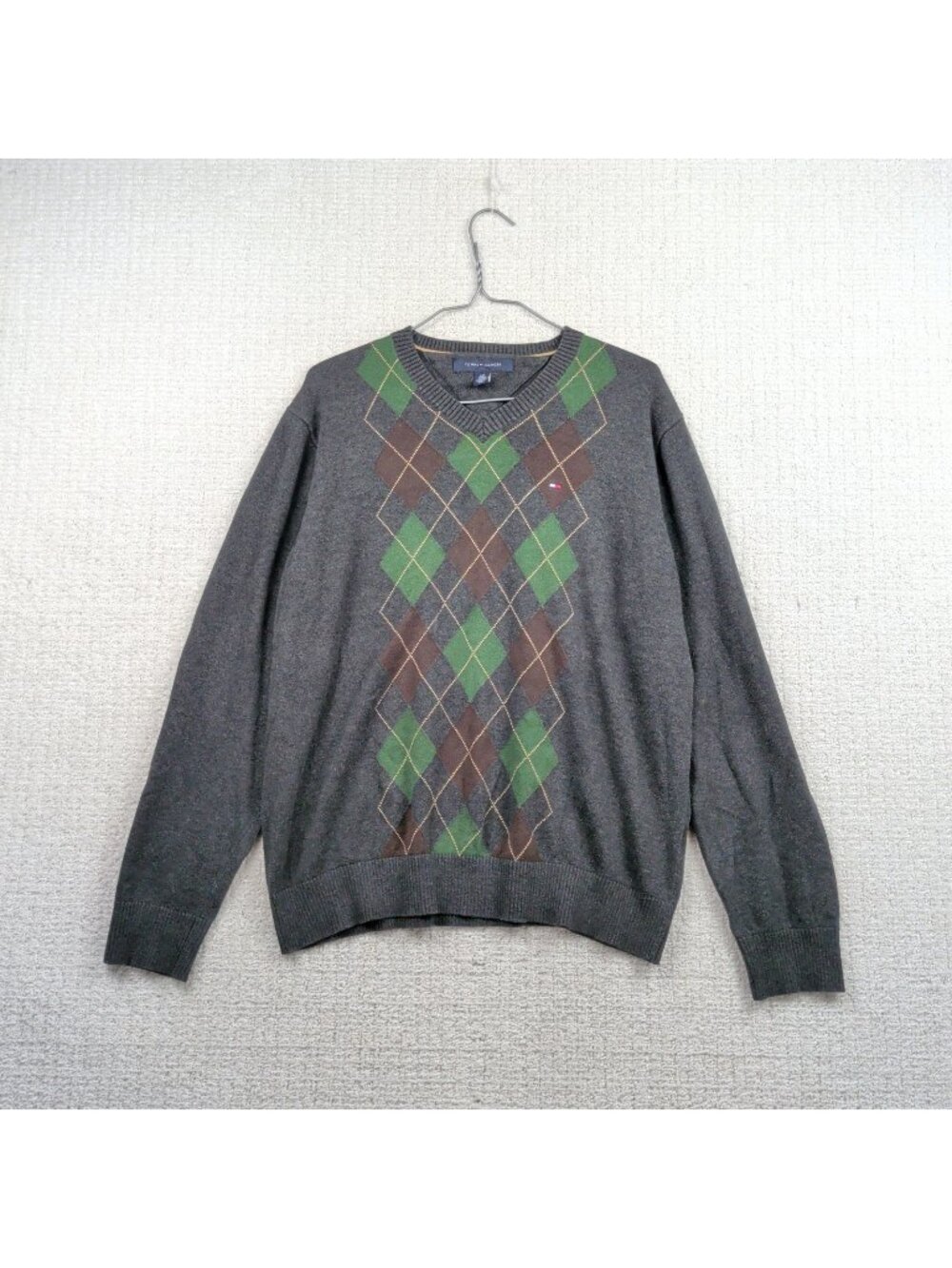 Tommy Hilfiger Sweater Mens L Grey Argyle Diamond V Neck Knit Jumper Academia